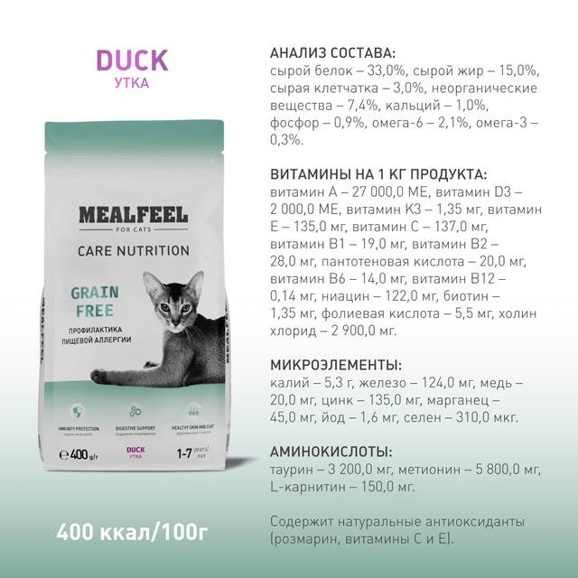 Mealfeel Care Nutrition Сухой корм беззерновой для кошек, с уткой, 1,5 ...