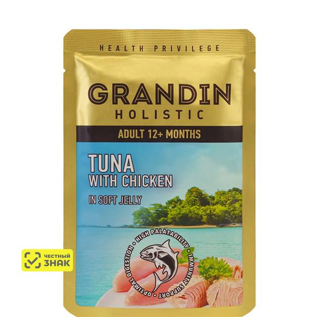 Grandin Влажный корм (пауч) для кошек, тунец с курицей в нежном желе ...