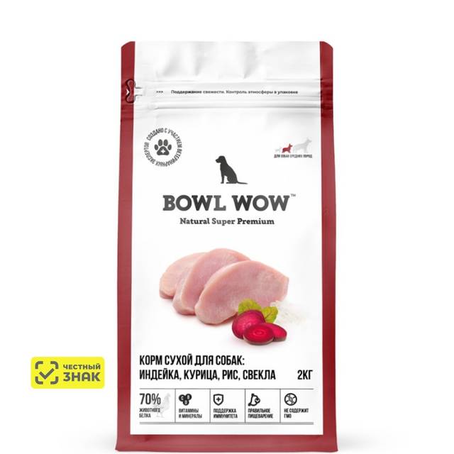BOWL WOW Adult Medium Cухой корм для собак средних пород с индейкой ...